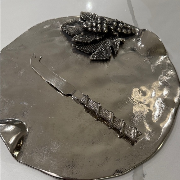 Silver Artesian Vintage Handmade Silver Cheese Plate with Knife and Grape Design